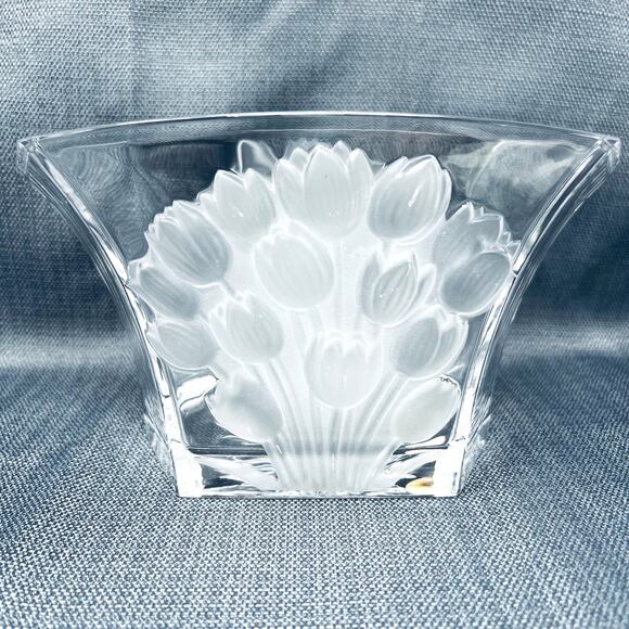 Bowl Vase Lead Crystal Frosted Tulips Art Glass Boho Clear Home Decor VTG Glam - Picture 1 of 11